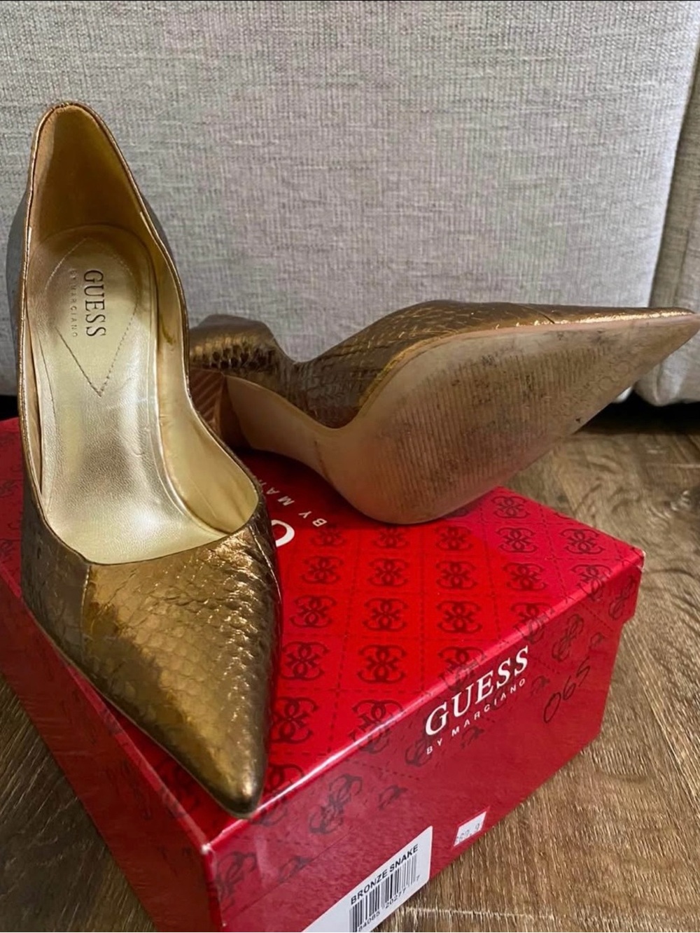 GUESS Metallic Bronze Snake-Embossed Pointed-Toe Pumps